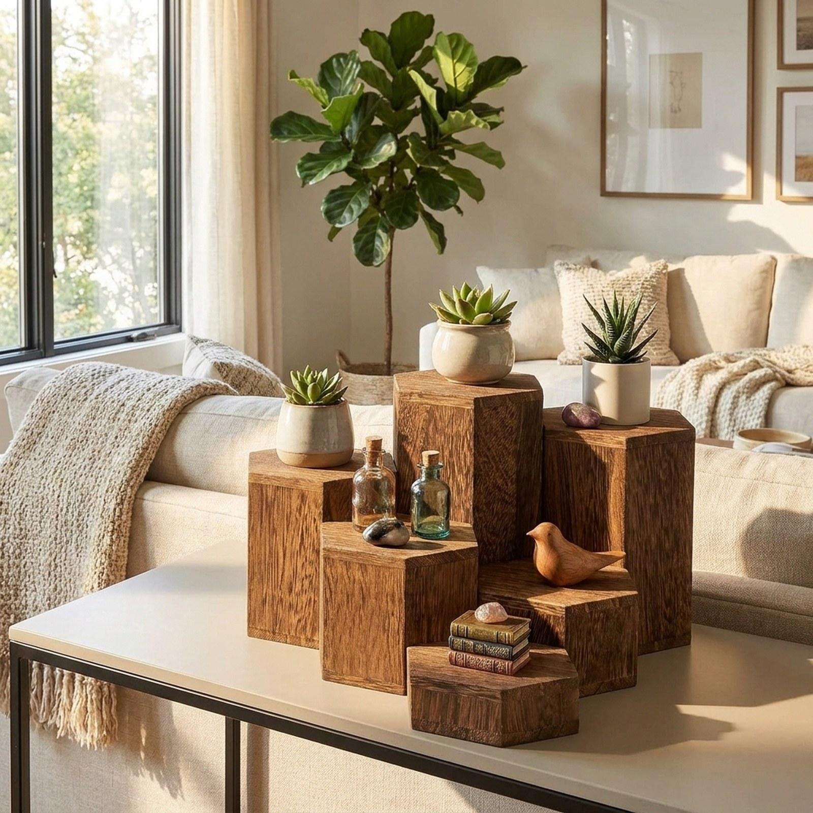 Display Risers Set - 6 Pieces Hexagonal Display Blocks Wooden